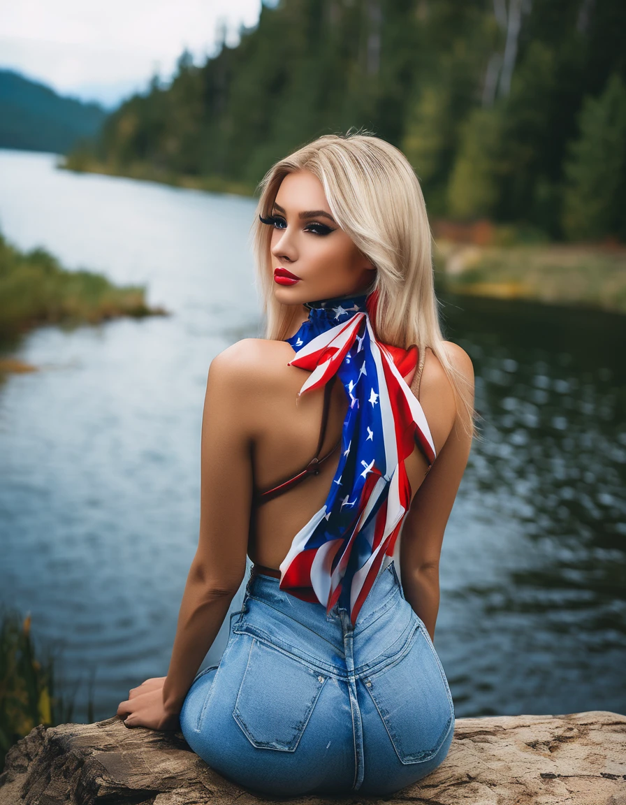 (best quality,4k,highres, highres face details), blonde long straight hair, 18 years old, instagram model, 36DD fake breast, fake lashes, fake lips, dark makeup, perfect skin, tan skin, she is skinny, she is caucasian, she is wearing sexy cloaths to the colors of the united state flag, high heels, slim gold chain, in the nature, by a lake, huge fake breast 36DD, posing, sexy, sensual vibes, view from behind, view from the back