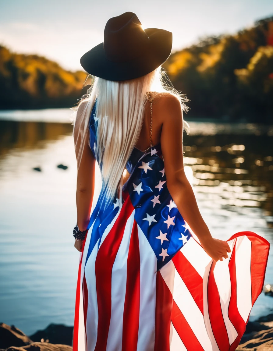 (best quality,4k,highres, highres face details), blonde long straight hair, 18 years old, instagram model, 36DD fake breast, fake lashes, fake lips, dark makeup, perfect skin, tan skin, she is skinny, she is caucasian, she is wearing sexy cloaths to the colors of the united state flag, high heels, slim gold chain, in the nature, by a lake, huge fake breast 36DD, posing, sexy, sensual vibes, view from behind, view from the back