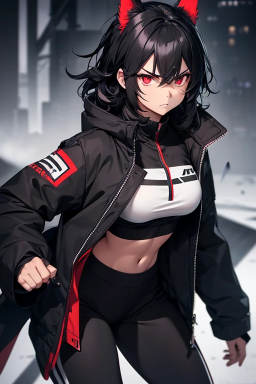 Extremely angry tomboy girl ,super attractive and strong personality black coat outfit and black white hair,red eye athletic body 