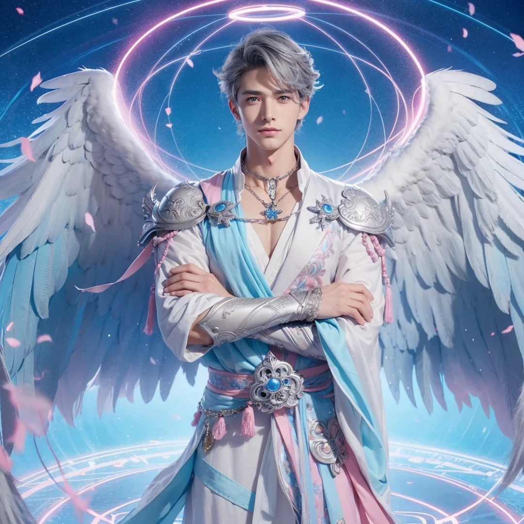 Handsome boy, gray hair, blue eyes, blue and pink wings