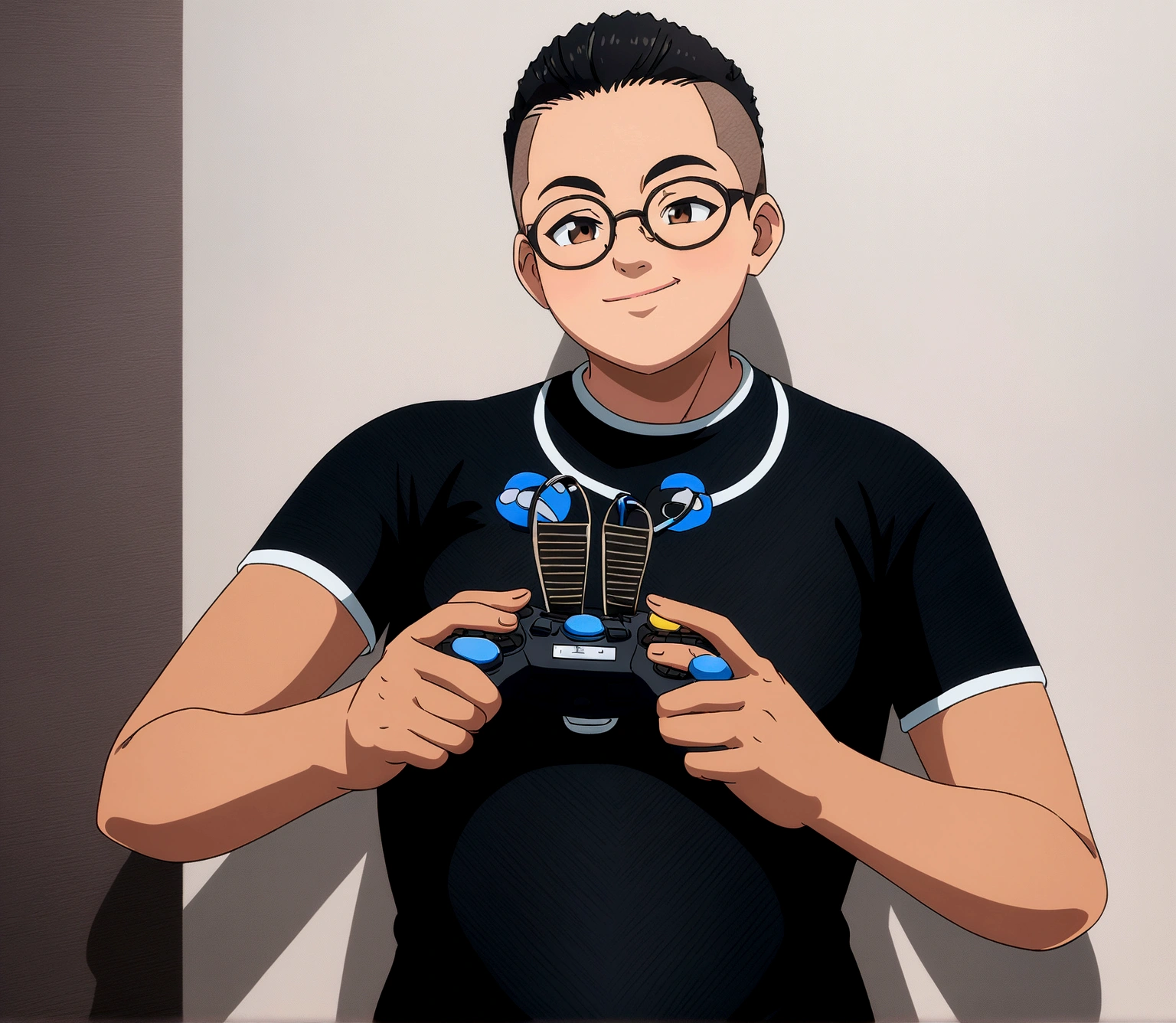 Dark-skinned man with black jacket and clear glasses, standing on the wall, undercut haircut, Bblack hair, holding a controller, anime 8K foda, anime wallpaper 4k, 4K anime-style, 8K anime art wallpaper.