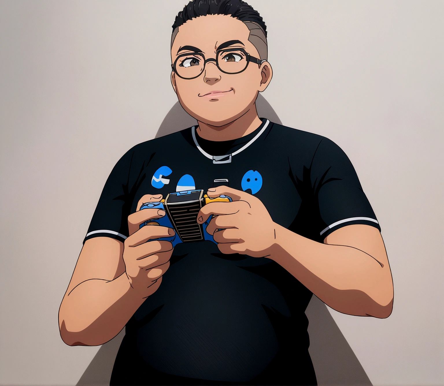 Dark-skinned man with black jacket and clear glasses, standing on the wall, undercut haircut, Bblack hair, holding a controller, anime 8K foda, anime wallpaper 4k, 4K anime-style, 8K anime art wallpaper.