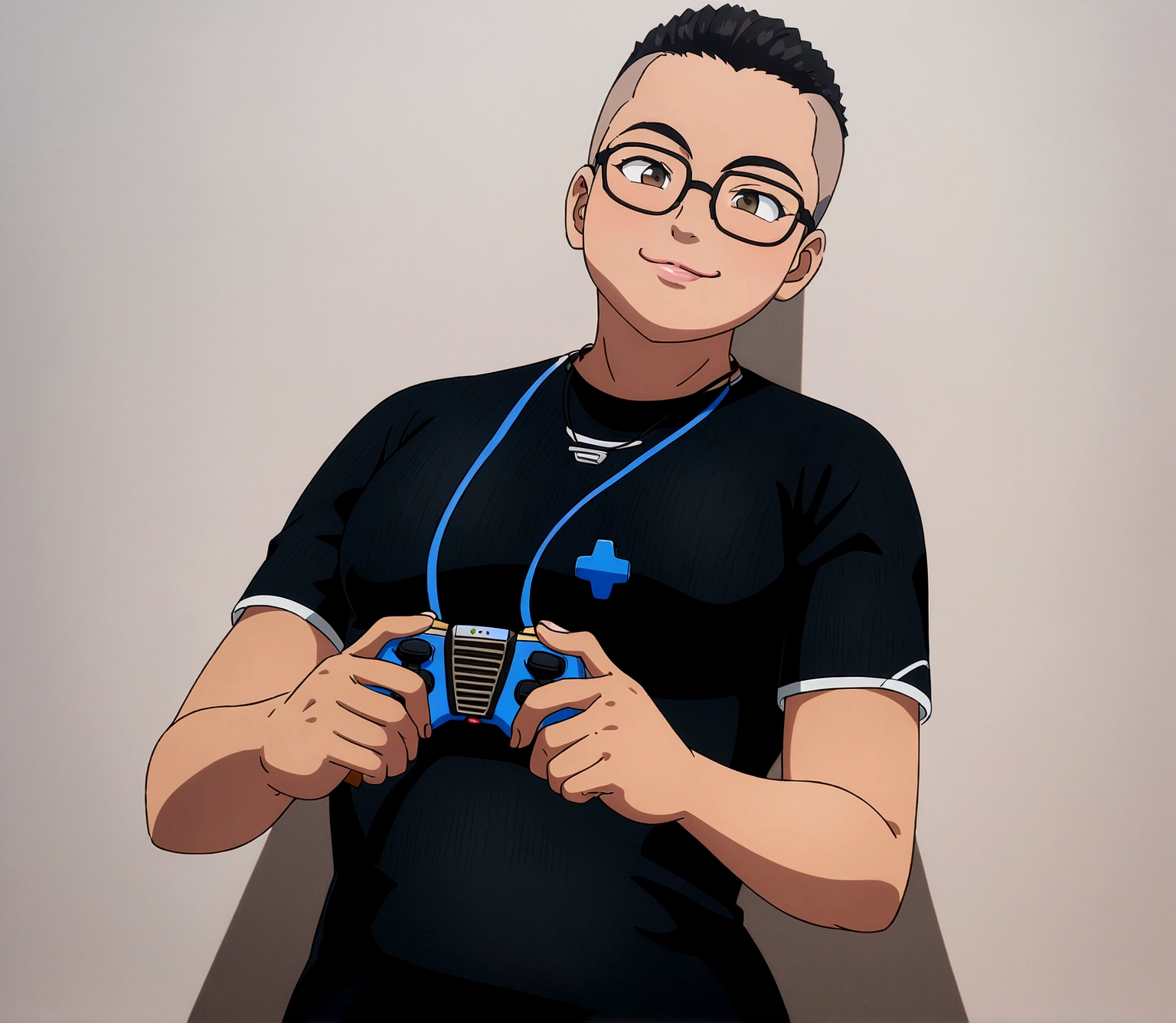 Dark-skinned man with black jacket and clear glasses, standing on the wall, undercut haircut, Bblack hair, holding a controller, anime 8K foda, anime wallpaper 4k, 4K anime-style, 8K anime art wallpaper.