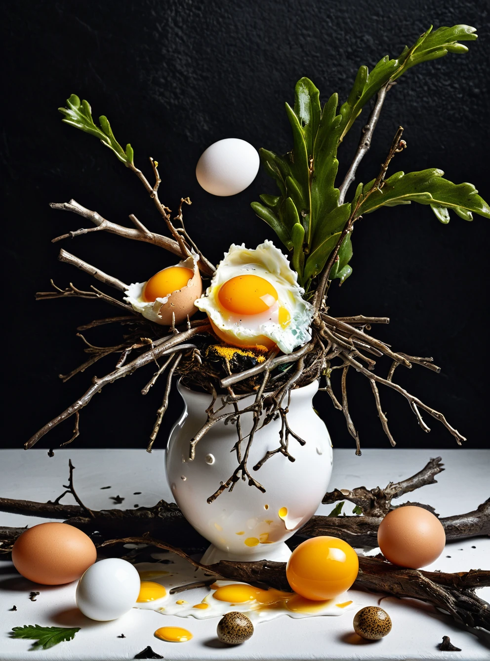 a surreal still life that mixes food and nature. fried eggs on twigs in a white vase, yolks dripping dripping, dark textured background, quail eggshells scattered on the base, botanical leaves, 3d photorealism concept, inspired by the art of Giuseppe Arcimboldo, work of art
