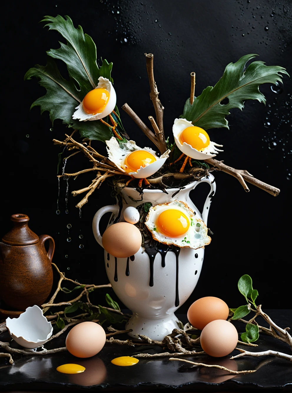 a surreal still life that mixes food and nature. fried eggs on twigs in a white vase, yolks dripping dripping, dark textured background, quail eggshells scattered on the base, botanical leaves, 3d photorealism concept, inspired by the art of Giuseppe Arcimboldo, work of art