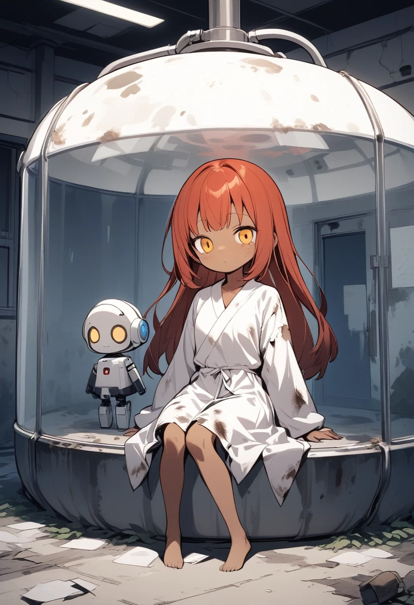 full body,1 girl,Android girl, robot girl, emotionless expression (cute:1.3)long silky hair ,red Hair, left eye blue, right eye yellow, tan skin, freckles, {tattered hospital gown, dirty, old ｝,, laboratory, inside stasis tank, sleeping in stasis tank, abandoned hospital
