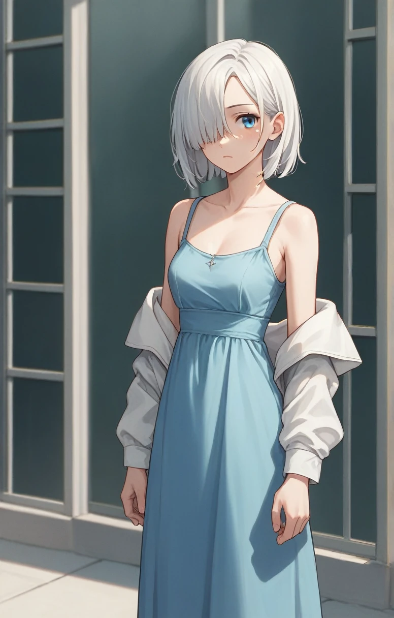 score_9, score_8_up, score_7_up, score_6_up, score_5_up, score_4_up, BREAK source_anime, one anime girl, blue eyes, white hair, medium hair, hair covers one eye, white and blue dress, standing