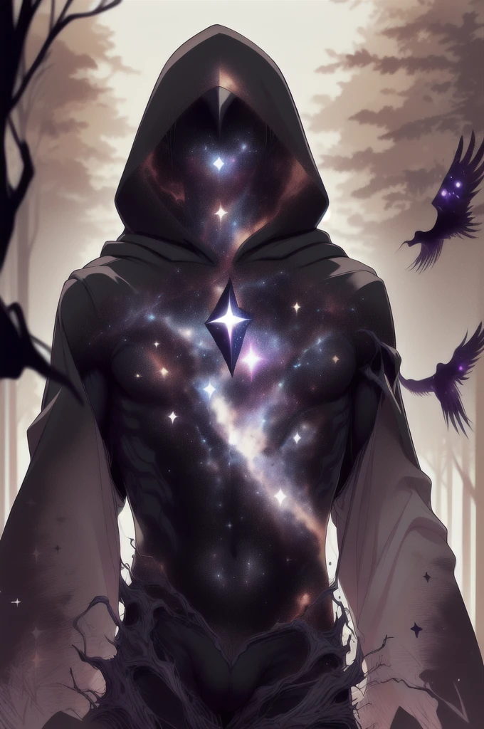 dark celestialskin body , void cosmic body, colored skin, flat color, jet black skin, a white cloak, hood on, holding an open book infront of him, silhouette,1boy,
portrait, upper body,in a forest , front view, holding a book, a flying book, flying pages.
