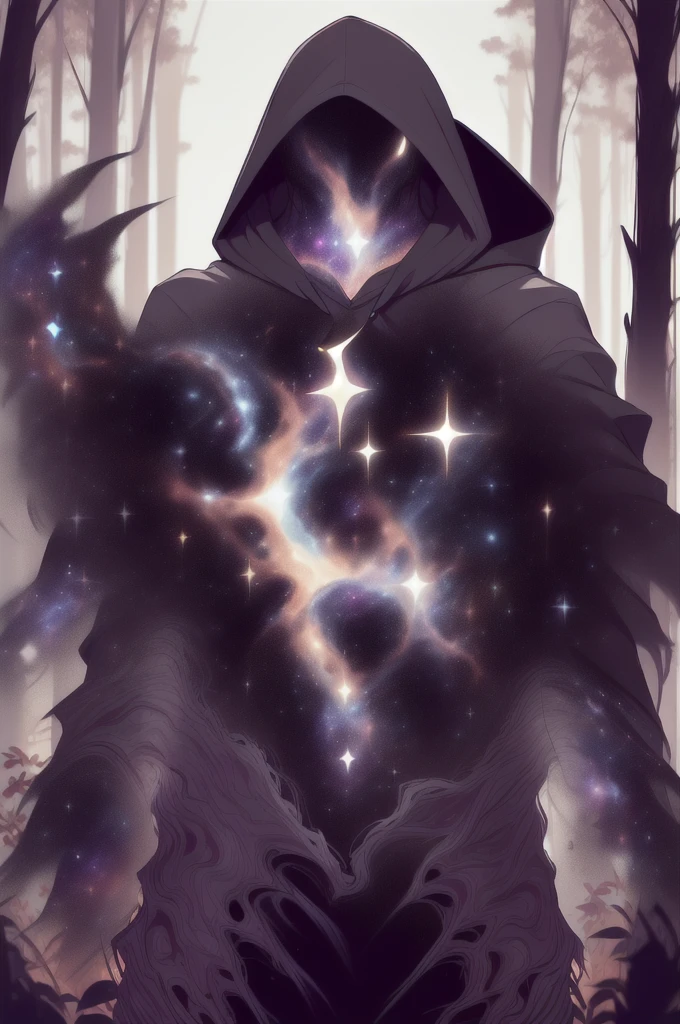 dark celestialskin body , void cosmic body, colored skin, flat color, jet black skin, a white cloak, hood on, holding an open book infront of him, silhouette,1boy, 
portrait, upper body,in a forest , front view, holding a book, a flying book, flying pages.