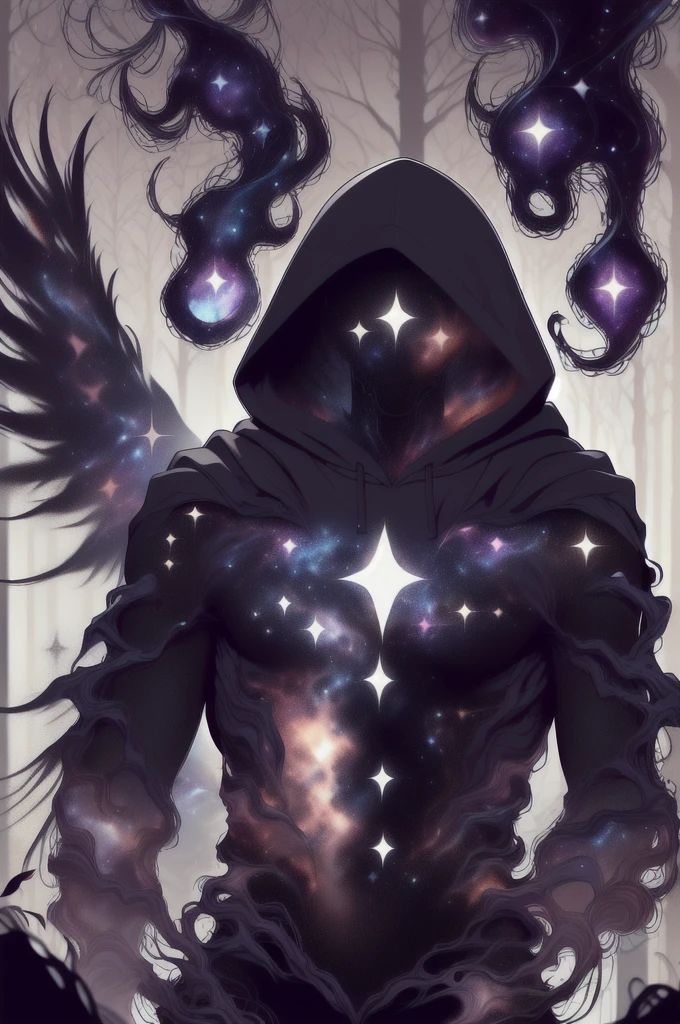 dark celestialskin body , void cosmic body, colored skin, flat color, jet black skin, a white cloak, hood on, holding an open book infront of him, silhouette,1boy,
portrait, upper body,in a forest , front view, holding a book, a flying book, flying pages.