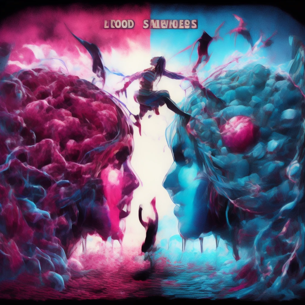 Blood-stained scavengers and dreamers from a parallel universe clash in a fractured psyche. Amid this turmoil, a breathtakingly beautiful transgender woman strives to unveil her true self amidst a spectacular apocalyptic setting. This vivid and emotionally charged scene is depicted in a mesmerizing painting, radiating with vivid hues of cyan and magenta. The intricate details of the woman's transformation and the chaos surrounding her evoke a sense of raw and powerful beauty, captivating viewers with its intensity and depth.