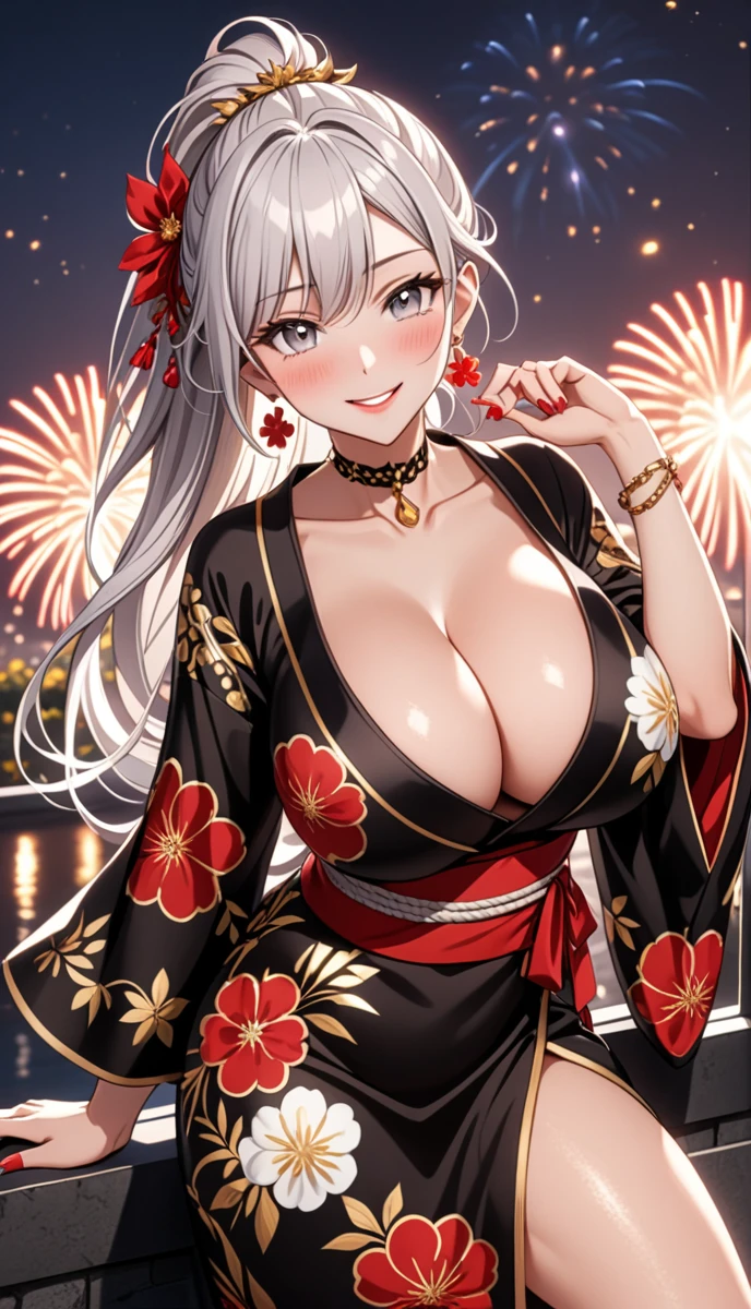 ((One personの女性)), Cute face, Beautiful Face, (Laughing embarrassedly), (seductive smile:1.4), ((Wink:1.6)), (head tilt:1.3), Laugh with your mouth wide open, upper teeth, looking at viewer, ((full-face blush:1.6)),Glossy Red Lips,Night view, High terrace, firework, Glossy red lips, Shining Face, ((Anime style background)),masterpiece, Highest quality, so beautiful,up to date, Complex details, (Pink long nails),(ring),(bracelet),(Floral choker),AI-generated, Complex,High resolution, Highest quality, super high quality,3D Images、3D Images,One person,Long white hair,High Ponytail, Anime woman posing for a photo,((silver eyes:1.5)), ((Fine grain、Silver Eyes、Shining Eyes:1.3)), (Squint your eyes:1.1),a hyperRealistic , hyperRealistic , Realistic,Anime woman with long white hair, Smooth anime CG art, A woman in a colorful kimono with gold embroidery, ((Black long sleeve kimono)),Red floral pattern,Long flower hair ornament,(Black High Heel Sandals), Earrings,Mature Body,((huge breasts:1.3)), Tall,Abdominal muscles, Tight waist, (Leaning forward), ((full body:1.2)), (hip focus:1.2), ((looking back)),
