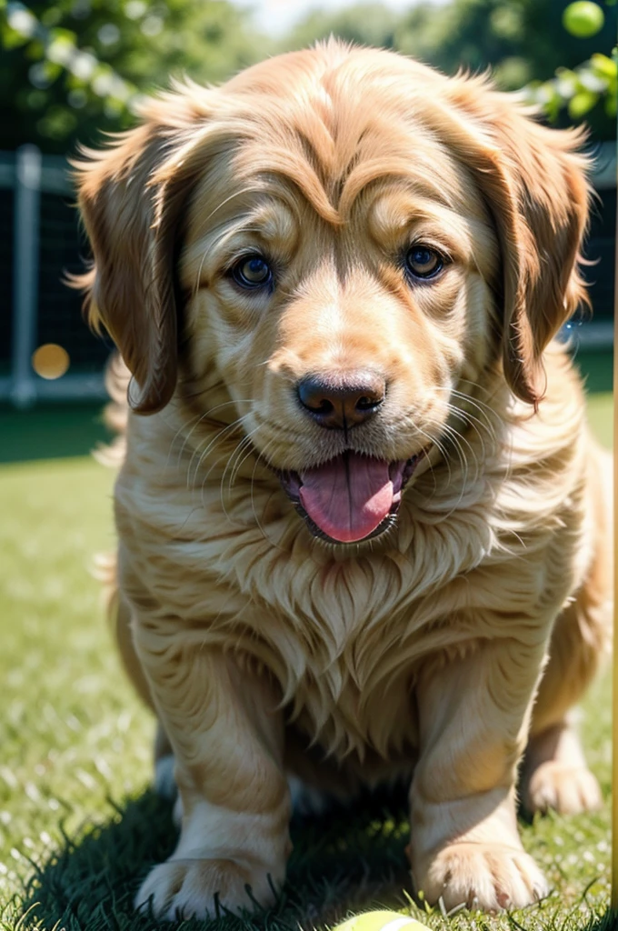 a golden retriever puppy playing with a yellow tennis ball, extremely detailed, highly realistic, photorealistic, 8k, studio lighting, beautiful soft fur, wet nose, pink tongue, sparkling eyes, shallow depth of field, natural outdoor environment, lush green grass, warm afternoon sunlight, vibrant colors