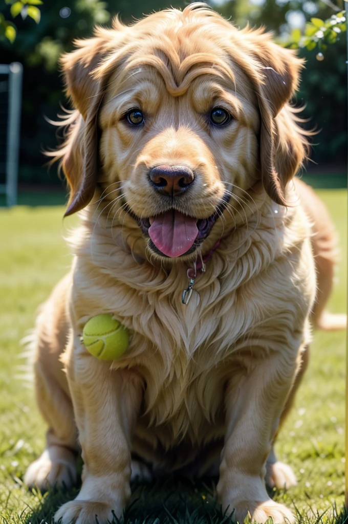 a golden retriever puppy playing with a yellow tennis ball, extremely detailed, highly realistic, photorealistic, 8k, studio lighting, beautiful soft fur, wet nose, pink tongue, sparkling eyes, shallow depth of field, natural outdoor environment, lush green grass, warm afternoon sunlight, vibrant colors
