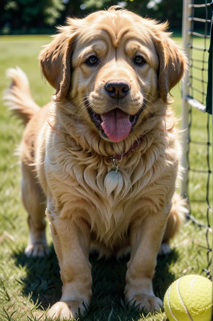a golden retriever puppy playing with a yellow tennis ball, extremely detailed, highly realistic, photorealistic, 8k, studio lighting, beautiful soft fur, wet nose, pink tongue, sparkling eyes, shallow depth of field, natural outdoor environment, lush green grass, warm afternoon sunlight, vibrant colors
