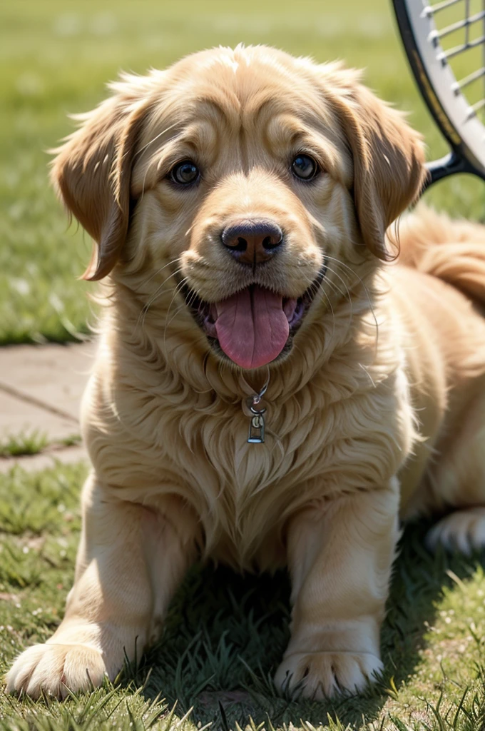 a golden retriever puppy playing with a yellow tennis ball, extremely detailed, highly realistic, photorealistic, 8k, studio lighting, beautiful soft fur, wet nose, pink tongue, sparkling eyes, shallow depth of field, natural outdoor environment, lush green grass, warm afternoon sunlight, vibrant colors