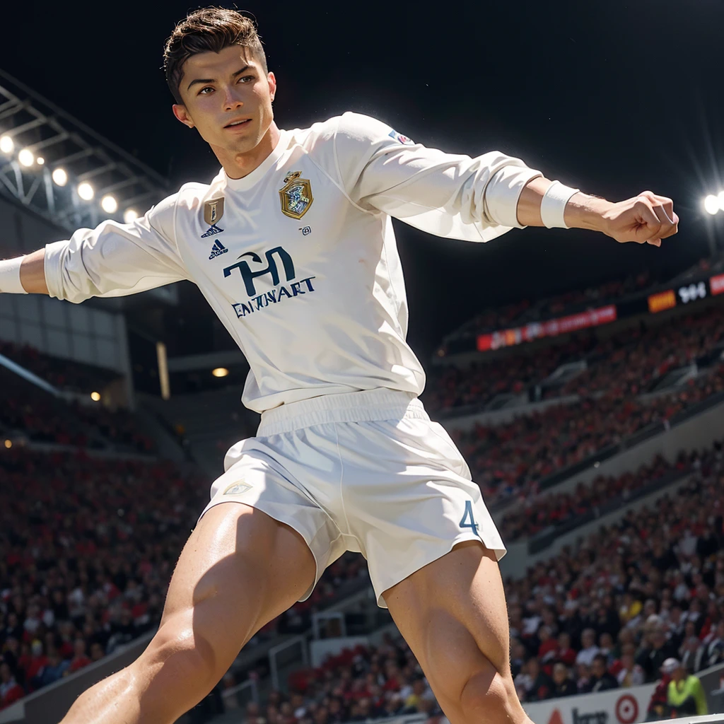 1. **Iconic Celebration:**
"Create a detailed painting of Cristiano Ronaldo performing his 'Siiii' celebration. Show his muscular physique, determined expression, and dynamic jump. Place him in a packed stadium with cheering fans, wearing his current club's jersey."
2. **Classic Ronaldo:**
"Generate a realistic portrait of Cristiano Ronaldo in his Portugal national team jersey. Focus on his chiseled features, confident smile, and neatly styled hair. Use a soft, natural background."
3. **Action Shot:**
"Illustrate Cristiano Ronaldo mid-air, executing a bicycle kick. Emphasize his athleticism with a detailed soccer field and dynamic lighting."
4. **Elegant Attire:**
"Create a portrait of Cristiano Ronaldo in a sleek suit, standing in a luxurious setting. Highlight his sharp features, stylish hair, and confident demeanor with an elegant background."
5. **Future Vision:**
"Design a futuristic artwork of Cristiano Ronaldo with advanced sports gear in a cutting-edge stadium with holographic displays and neon lights. Capture his intense focus."
6. **Inspirational Leader:**
"Draw Cristiano Ronaldo rallying his teammates with a passionate speech on the field. Focus on his expressive face and gestures, with a grand stadium backdrop highlighting team unity and determination."