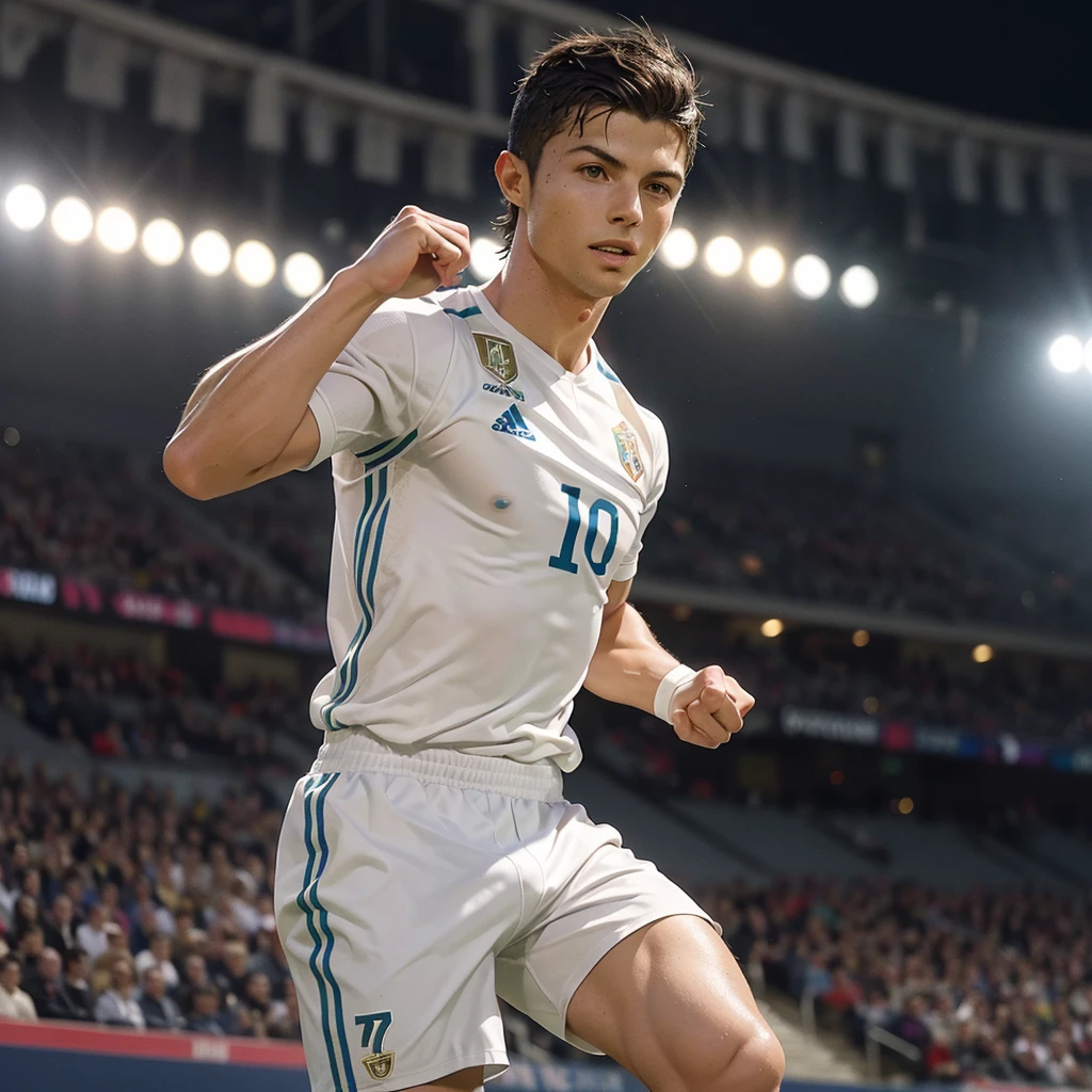 1. **Iconic Celebration:**
"Create a detailed painting of Cristiano Ronaldo performing his 'Siiii' celebration. Show his muscular physique, determined expression, and dynamic jump. Place him in a packed stadium with cheering fans, wearing his current club's jersey."
2. **Classic Ronaldo:**
"Generate a realistic portrait of Cristiano Ronaldo in his Portugal national team jersey. Focus on his chiseled features, confident smile, and neatly styled hair. Use a soft, natural background."
3. **Action Shot:**
"Illustrate Cristiano Ronaldo mid-air, executing a bicycle kick. Emphasize his athleticism with a detailed soccer field and dynamic lighting."
4. **Elegant Attire:**
"Create a portrait of Cristiano Ronaldo in a sleek suit, standing in a luxurious setting. Highlight his sharp features, stylish hair, and confident demeanor with an elegant background."
5. **Future Vision:**
"Design a futuristic artwork of Cristiano Ronaldo with advanced sports gear in a cutting-edge stadium with holographic displays and neon lights. Capture his intense focus."
6. **Inspirational Leader:**
"Draw Cristiano Ronaldo rallying his teammates with a passionate speech on the field. Focus on his expressive face and gestures, with a grand stadium backdrop highlighting team unity and determination."
