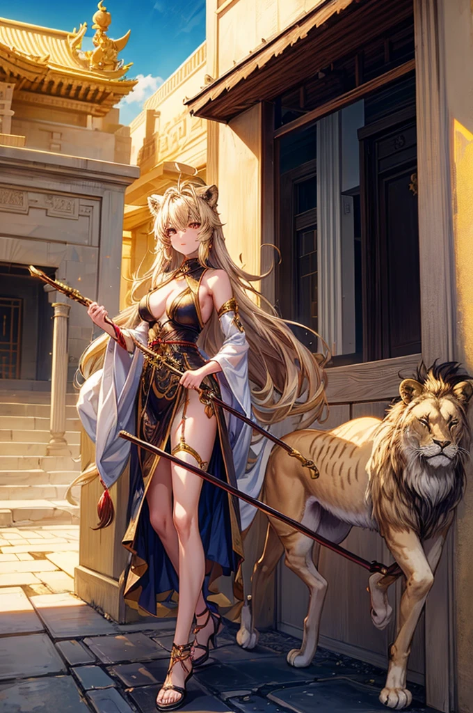A lion neko girl, holding a staff, she is Infront of a temple in the desert, she is a goddess, she is canter image, the temple is in the middle of the desert