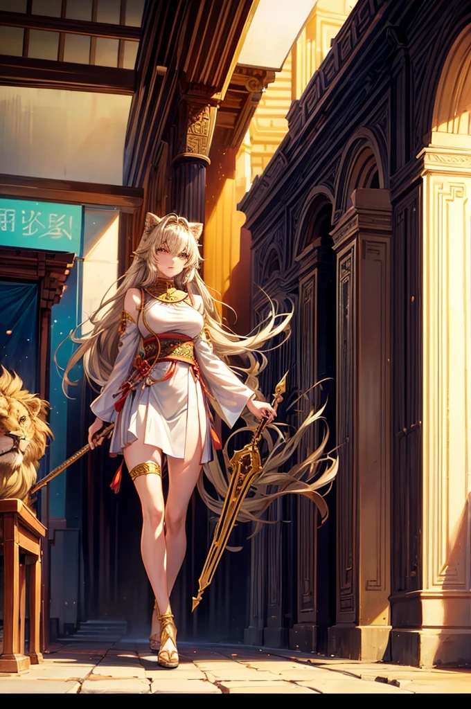 A lion neko girl, holding a staff, she is Infront of a temple in the desert, she is a goddess, she is canter image, the temple is in the middle of the desert