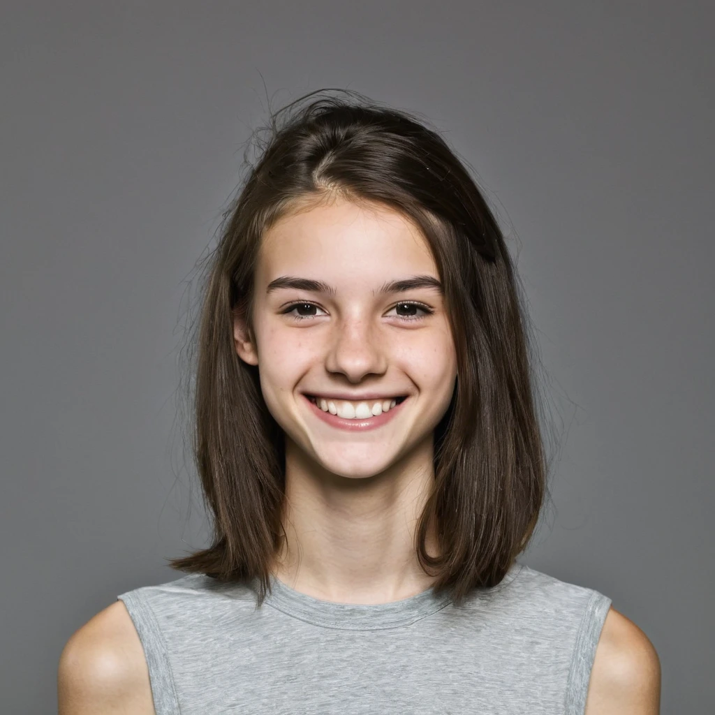 Teenage female, skinny, discret smile