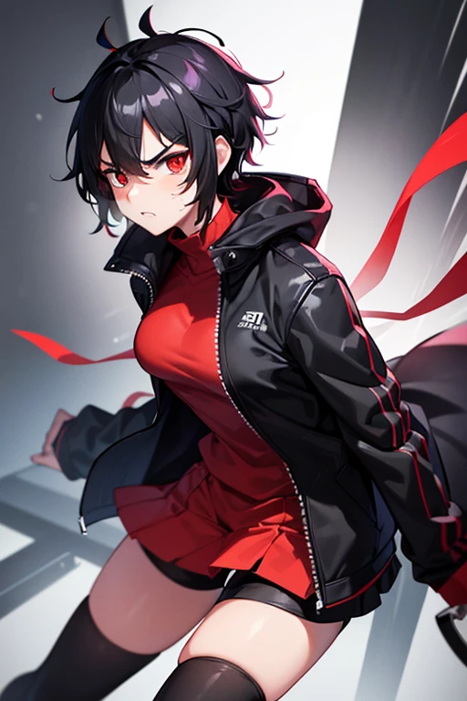 Extremely angry tomboy girl ,super attractive and strong personality black coat outfit and black white hair,red eye athletic body 