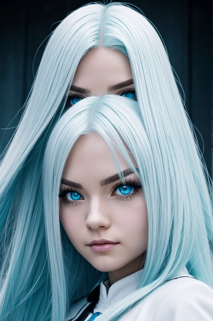 Boku no hero style girl, long white hair, aqua eyes, big eyelashes, white skin and with power like Raven from the young titans