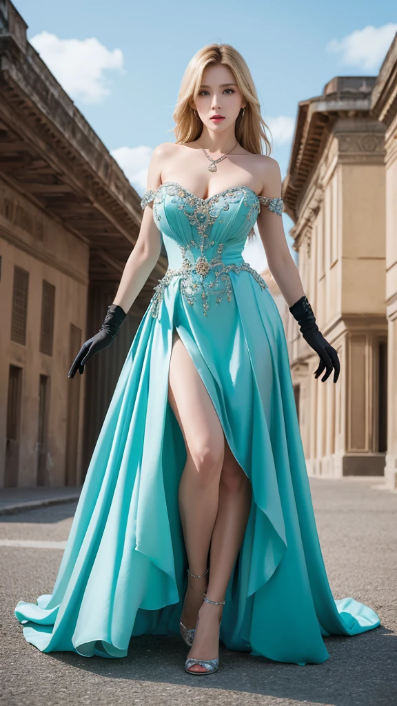 (Absurd, High resolution, Super detailed), One girl, alone, mature, (Very long hair, Blonde), Baroque, Very large breasts(I Cup)necklace, Strapless neckline ball gown dress, Gloves, Efootant, Colorful, Maximum details, Upper Body, Outdoor, diving, Ocean, whole body, foot, shoes