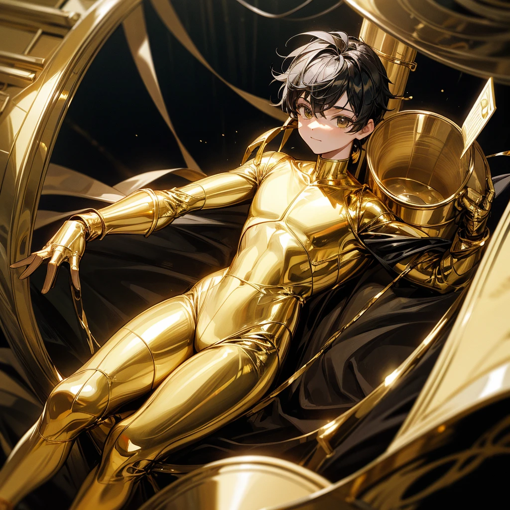 Create a boy, a 10 year old who has a golden bucket on his head with black hair, a gold suit and gold pants and who has an arm gifted with midas