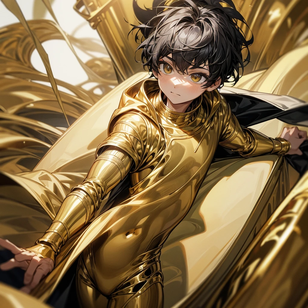 Create a boy, a 10 year old who has a golden bucket on his head with black hair, a gold suit and gold pants and who has an arm gifted with midas