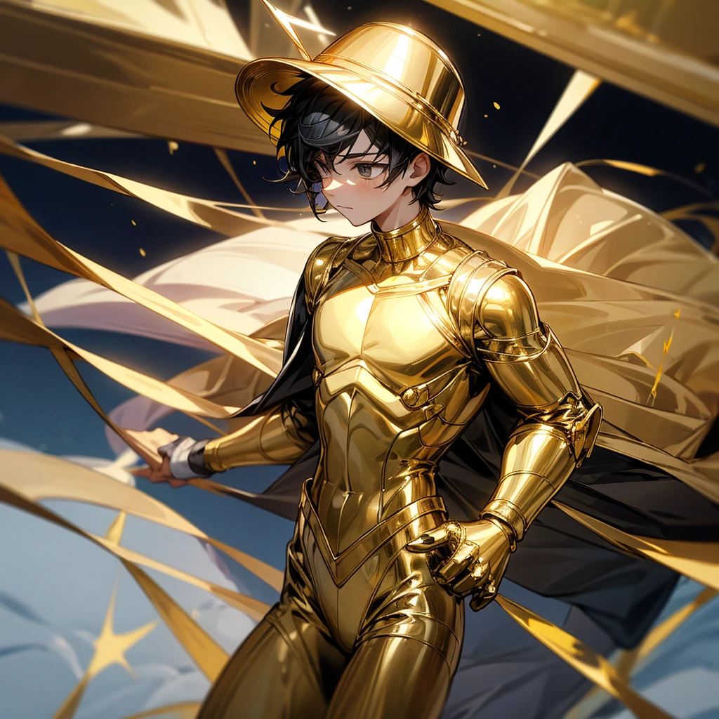 Create a boy, a 10 year old who has a golden bucket on his head with black hair, a gold suit and gold pants and who has an arm gifted with midas