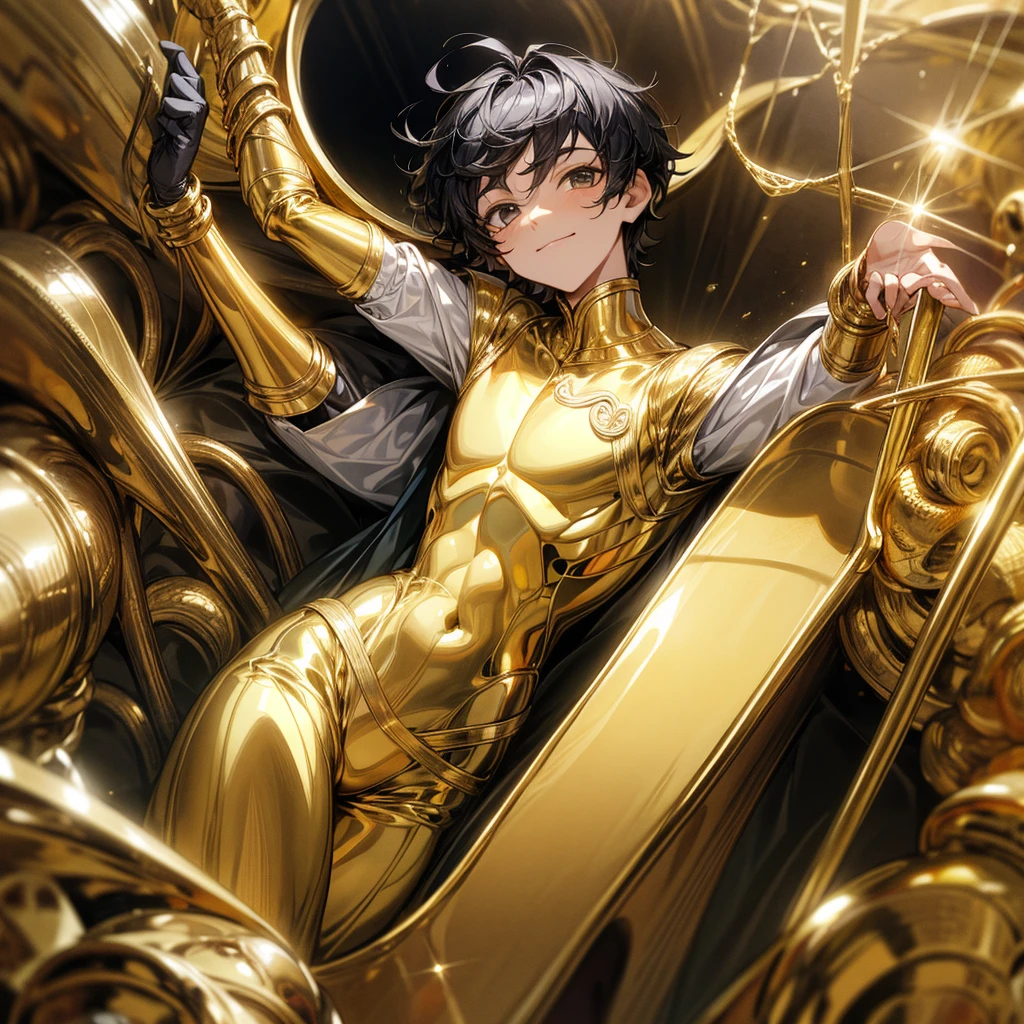 Create a boy, a 10 year old who has a golden bucket on his head with black hair, a gold suit and gold pants and who has an arm gifted with midas