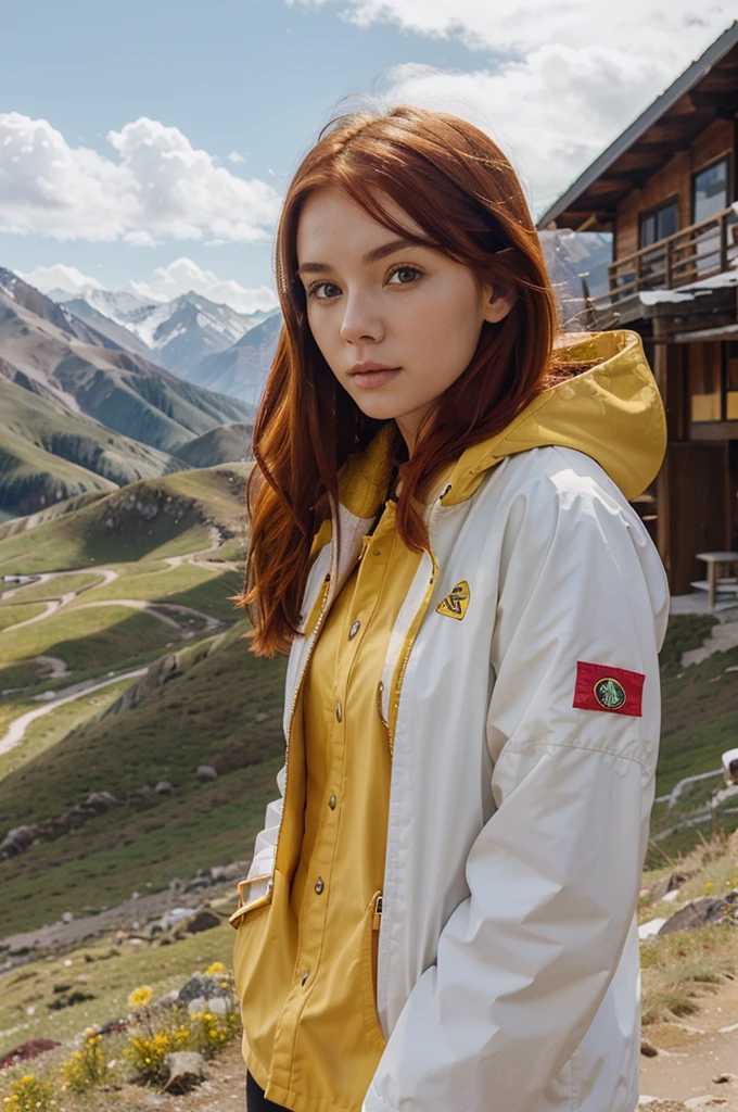 Beautiful girl with white skin and red hair in the mountains with yellow mountain clothing and the landscape can be seen.