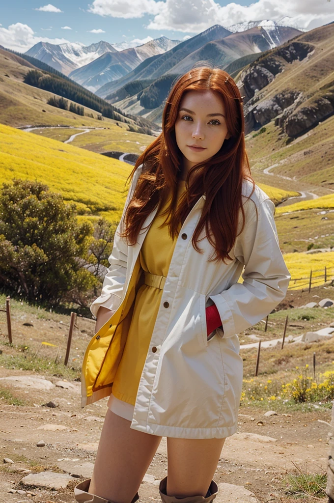 Beautiful girl with white skin and red hair in the mountains with yellow mountain clothing and the landscape can be seen.