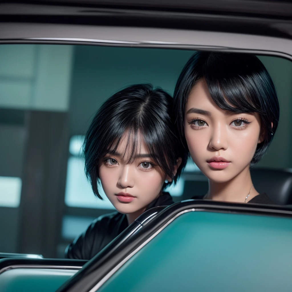 ((High quality, 8k, perfect quality, realistic)), beautiful, ((black and cyan hair color, short hair)), bedroom , selfie, staring out of the bus window, ((Indonesia)), adult, Indonesian region, ((realistic, facial texture)) Selfie photo with selfie stick, ((solo))