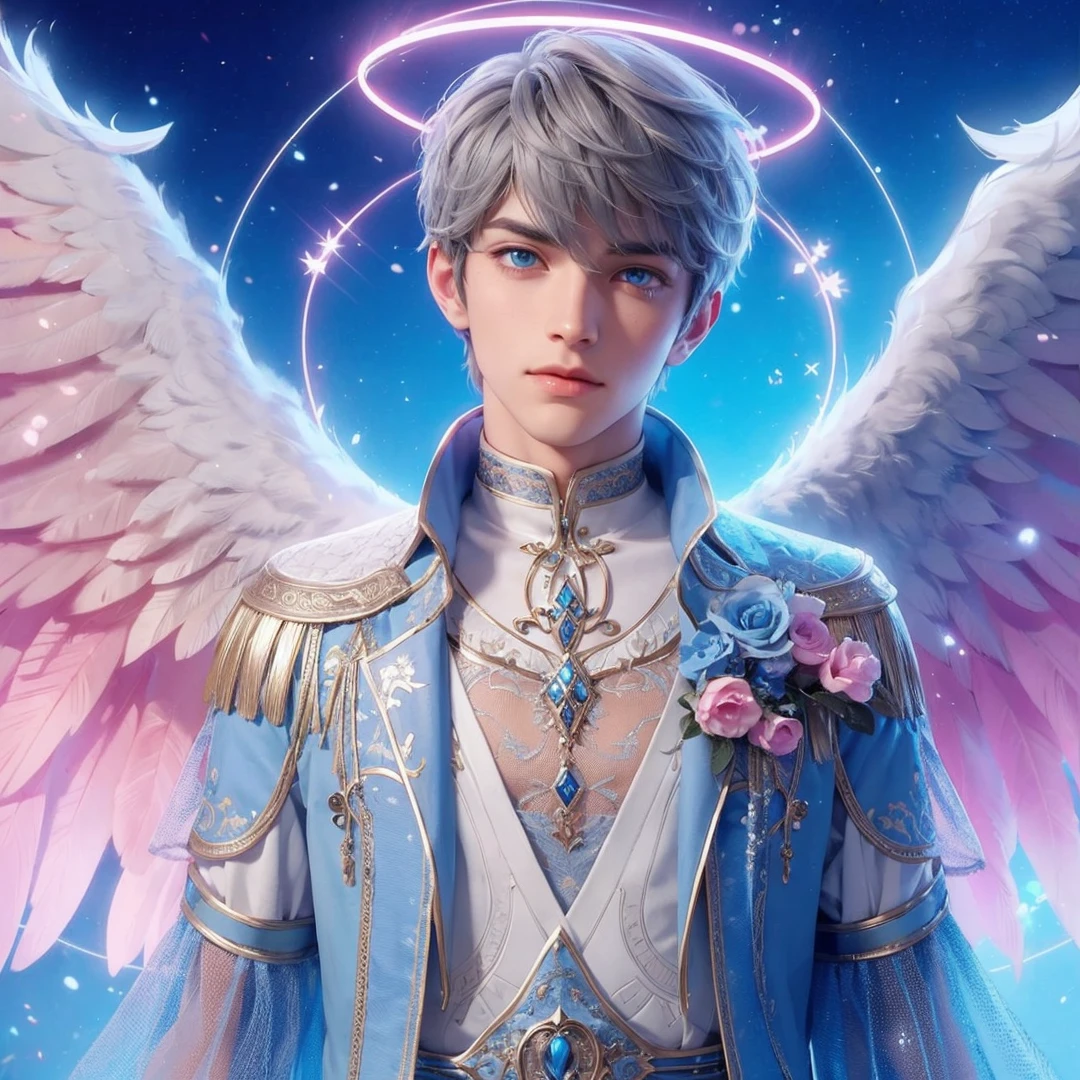 Handsome boy, gray hair, blue eyes, blue and pink wings