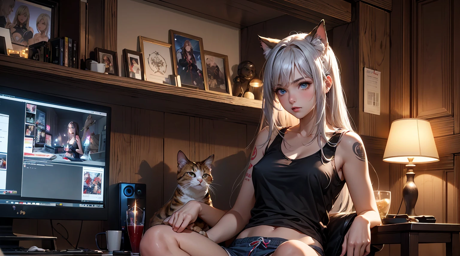 Create a high-quality, detailed image of a beautiful, anime gamer girl with tattoos and long hair, beautiful eyes, and small cat ears, sitting at her gaming PC in her gaming room. She is wearing a see-through tank top, barely showing her nipples, and sleep shorts, showing her midriff, highlighting her stunning curves. The warm, inviting scene includes soft ambient lighting, comfortable seating, and patriotic decorations like small American flags and red, white, and blue streamers. The setting is illuminated by a small lamp and a few sparklers, creating a serene and intimate atmosphere, with subtle hints of fireworks visible through the window in the background.