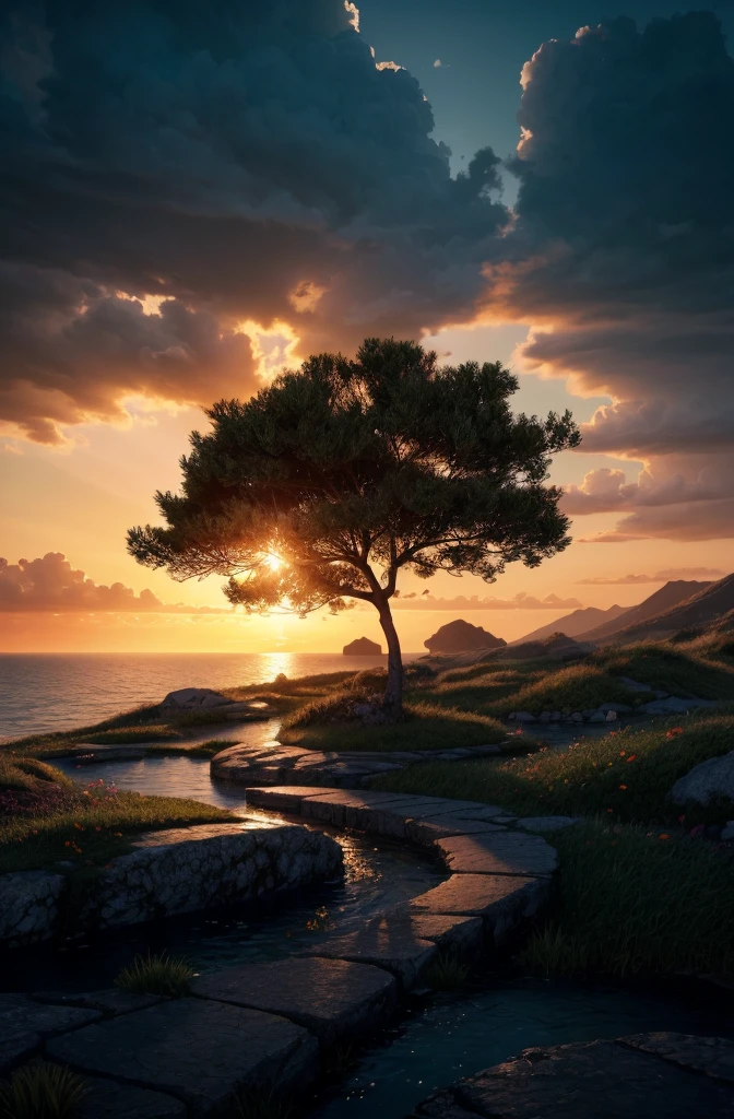 photorealistic landscape, natural landscape, naturey, Beleza Da naturey, Golden Sunset, Sky, Sky Power, Detailed Realistic Sunset, palmtrees, God's City, Heavens Realm, mountainscape, rivers of water, Sunset realism, Árvores naturey, Alone Men, man on his back, Man's Back, panorama, Alpha Male, Path to Heaven, heavenly, Detailed Realistic Image 8K, 16K Photorealistic Contrast, 8K Photorealistic Sharpness, 4K Photorealistic Cores, 16K Photorealistic Shadows, 8K Photorealistic Textures, 16K Photorealistic Texture, 4K Photorealistic Light, 4K PhotoRealism, FullHD 4K Detailed Contrast, detailed sharpness FullHD 8K, detailed sharpness FullHD 4K, detailed sharpness, 2K Detailed Colors, lifelike colors, FullHD Detailed Shadows, 4K Detailed Textures, detailed texture, padoru, Natural Beauty, chic