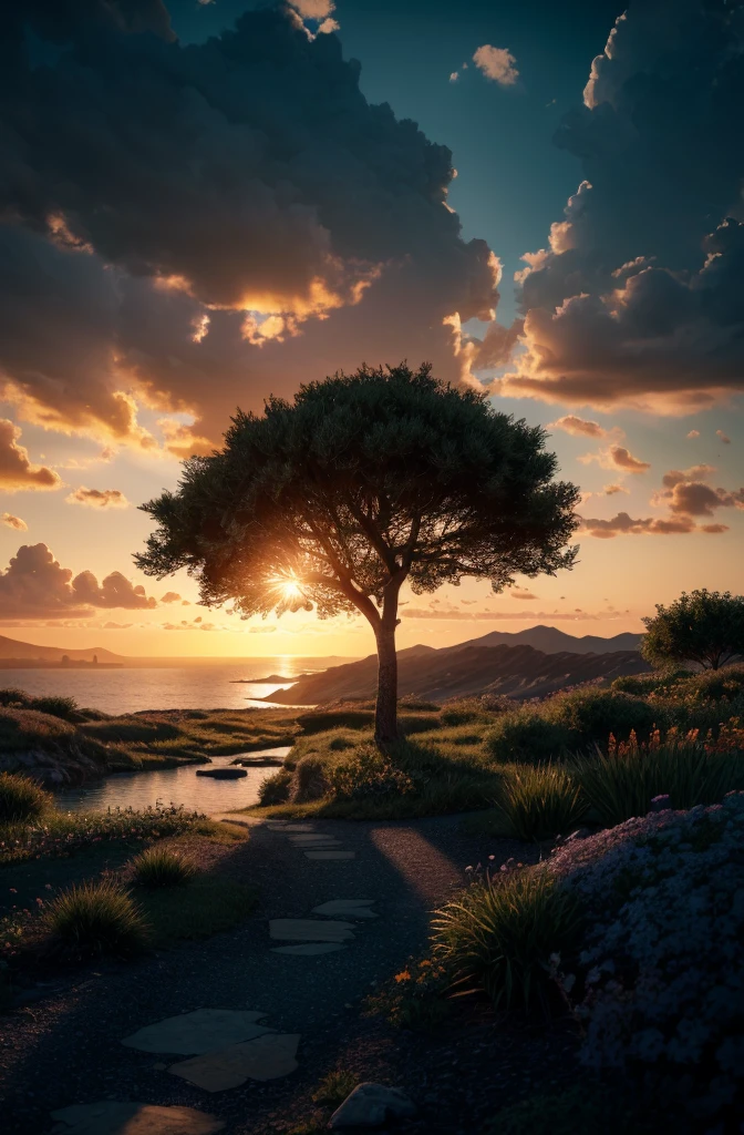 photorealistic landscape, natural landscape, naturey, Beleza Da naturey, Golden Sunset, Sky, Sky Power, Detailed Realistic Sunset, palmtrees, God's City, Heavens Realm, mountainscape, rivers of water, Sunset realism, Árvores naturey, Alone Men, man on his back, Man's Back, panorama, Alpha Male, Path to Heaven, heavenly, Detailed Realistic Image 8K, 16K Photorealistic Contrast, 8K Photorealistic Sharpness, 4K Photorealistic Cores, 16K Photorealistic Shadows, 8K Photorealistic Textures, 16K Photorealistic Texture, 4K Photorealistic Light, 4K PhotoRealism, FullHD 4K Detailed Contrast, detailed sharpness FullHD 8K, detailed sharpness FullHD 4K, detailed sharpness, 2K Detailed Colors, lifelike colors, FullHD Detailed Shadows, 4K Detailed Textures, detailed texture, padoru, Natural Beauty, chic