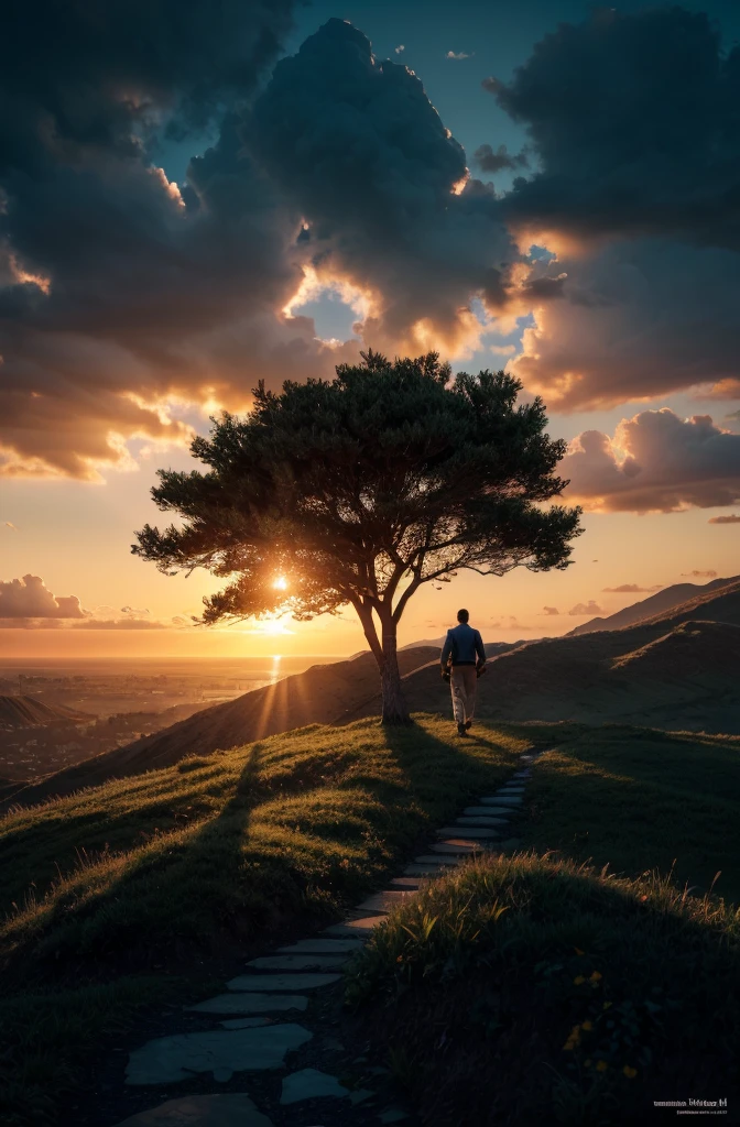 photorealistic landscape, natural landscape, naturey, Beleza Da naturey, Golden Sunset, Sky, Sky Power, Detailed Realistic Sunset, palmtrees, God's City, Heavens Realm, mountainscape, rivers of water, Sunset realism, Árvores naturey, Alone Men, man on his back, Man's Back, panorama, Alpha Male, Path to Heaven, heavenly, Detailed Realistic Image 8K, 16K Photorealistic Contrast, 8K Photorealistic Sharpness, 4K Photorealistic Cores, 16K Photorealistic Shadows, 8K Photorealistic Textures, 16K Photorealistic Texture, 4K Photorealistic Light, 4K PhotoRealism, FullHD 4K Detailed Contrast, detailed sharpness FullHD 8K, detailed sharpness FullHD 4K, detailed sharpness, 2K Detailed Colors, lifelike colors, FullHD Detailed Shadows, 4K Detailed Textures, detailed texture, padoru, Natural Beauty, chic