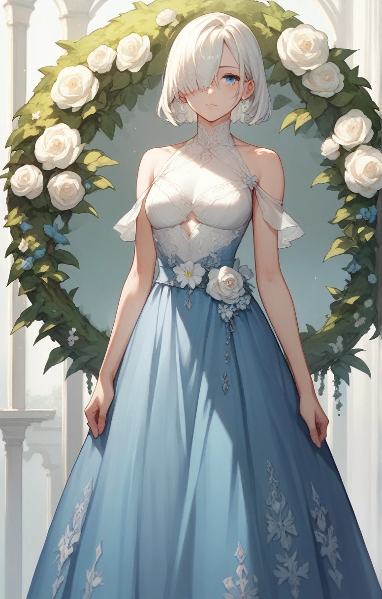 a beautiful anime girl with blue eyes, white medium length hair that covers one eye, wearing a white and blue dress, standing