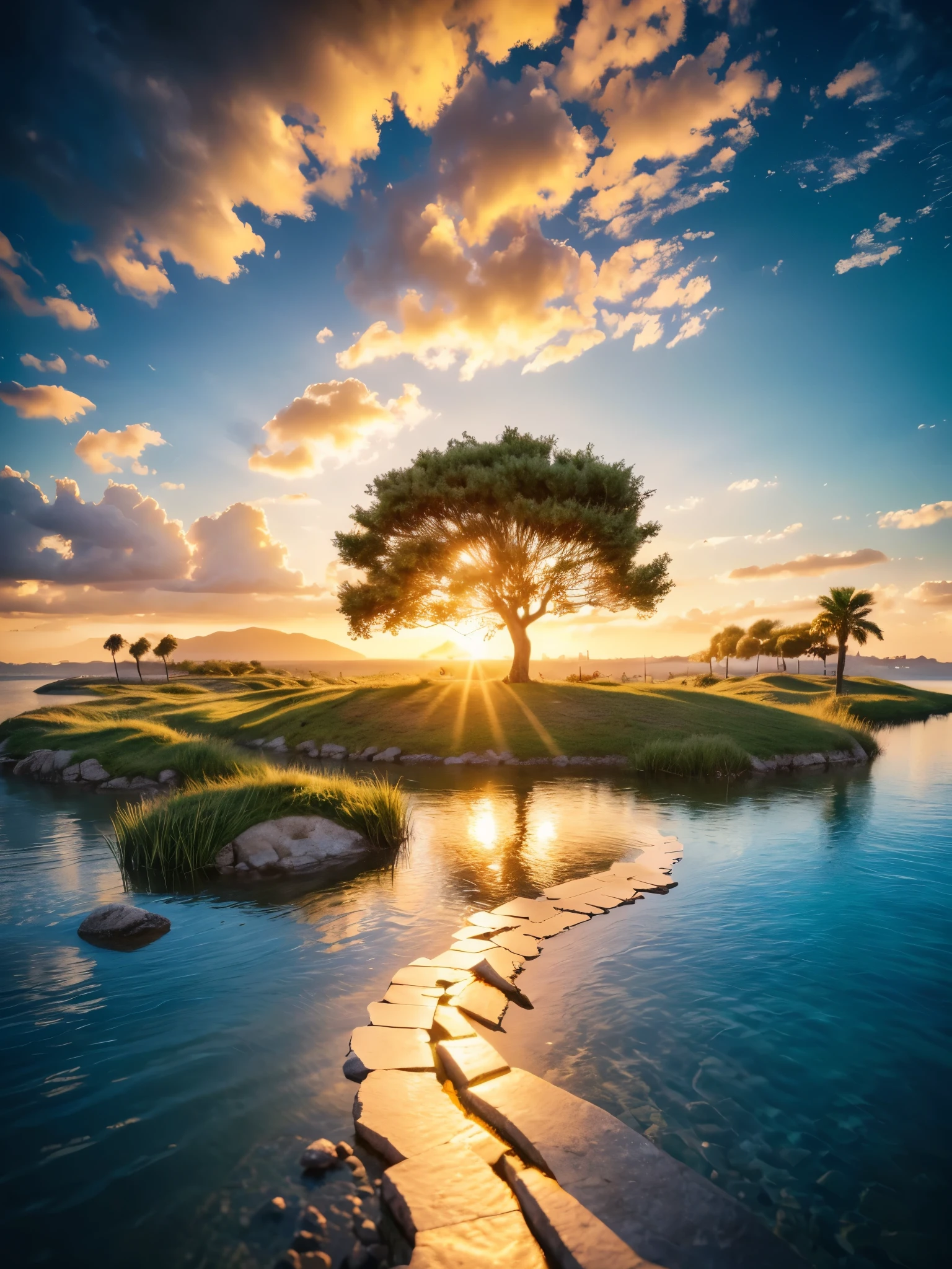 photorealistic landscape, natural landscape, naturey, Beleza Da naturey, Golden Sunset, Sky, Sky Power, Detailed Realistic Sunset, palmtrees, God's City, Heavens Realm, mountainscape, rivers of water, Sunset realism, Árvores naturey, Alone Men, man on his back, Man's Back, panorama, Alpha Male, Path to Heaven, heavenly, Detailed Realistic Image 8K, 16K Photorealistic Contrast, 8K Photorealistic Sharpness, 4K Photorealistic Cores, 16K Photorealistic Shadows, 8K Photorealistic Textures, 16K Photorealistic Texture, 4K Photorealistic Light, 4K PhotoRealism, FullHD 4K Detailed Contrast, detailed sharpness FullHD 8K, detailed sharpness FullHD 4K, detailed sharpness, 2K Detailed Colors, lifelike colors, FullHD Detailed Shadows, 4K Detailed Textures, detailed texture, padoru, Natural Beauty, chic