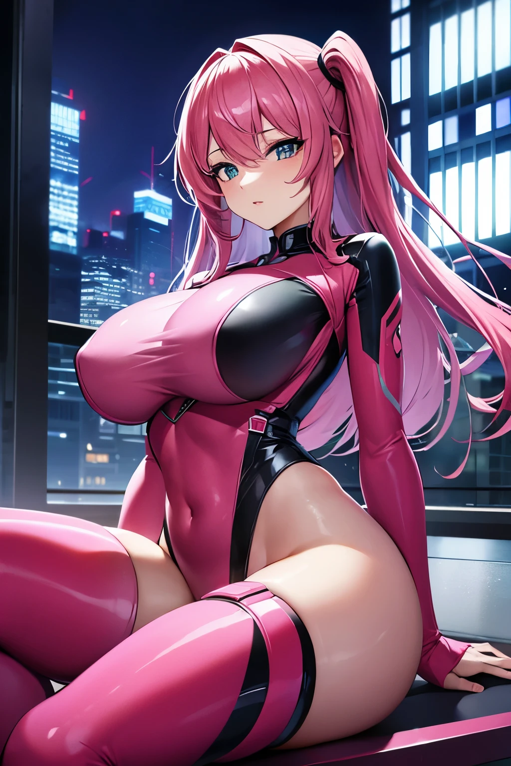 Masterpiece, best quality, night city, beautiful girl, beautiful face, pink hair, rider suit, big breasts,