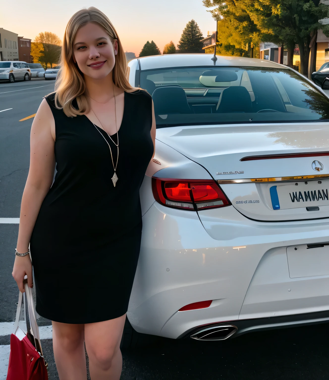 woman standing next to a white car with a license plate on it, by Carey Morris, by Whitney Sherman, by Daniel Schultz, by Marshall Arisman, by Matt Cavotta, by Tom Wänerstrand, by Juliette Wytsman, by Gene Davis, by Matthew Smith, by Kathleen Scott, by Carla Wyzgala, by Gavin Nolan, summer evening