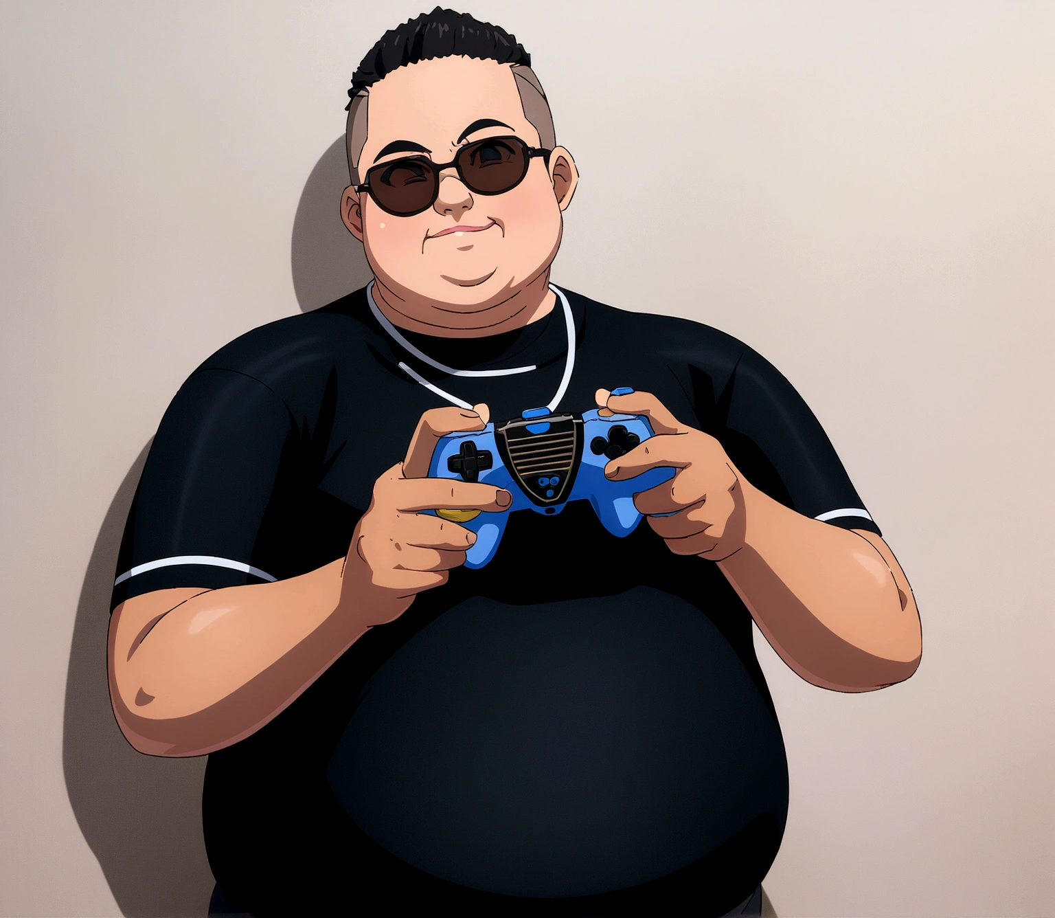 Dark-skinned man with black jacket and sunglasses, standing on the wall, undercut haircut, Bblack hair, holding a controller, kind of fat, anime 8K foda, anime wallpaper 4k, 4K anime-style, 8K anime art wallpaper