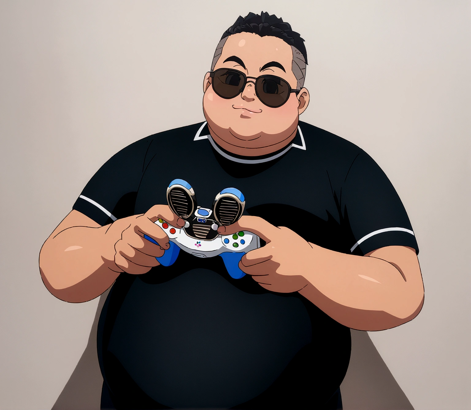 Dark-skinned man with black jacket and sunglasses, standing on the wall, undercut haircut, Bblack hair, holding a controller, kind of fat, anime 8K foda, anime wallpaper 4k, 4K anime-style, 8K anime art wallpaper