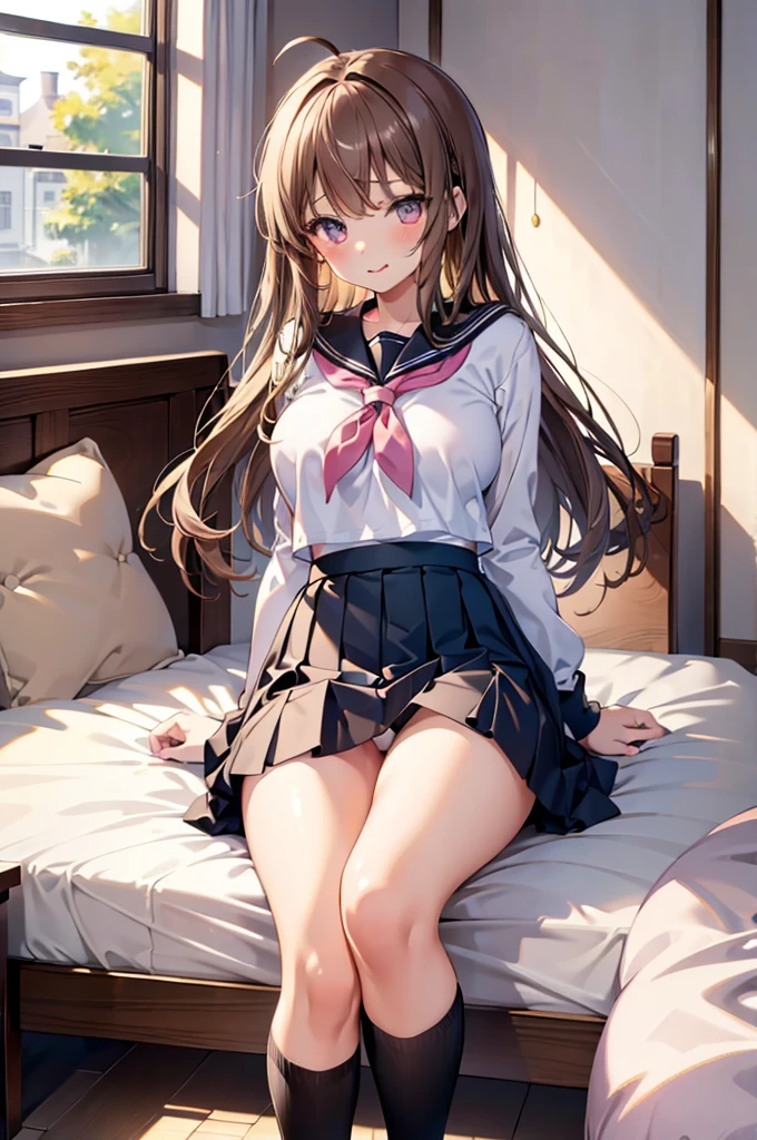 masterpiece, One girl,  Brown haired girl, Sailor suitを着て, Long Hair, The body is slim,  Pink eyes, Ahoge, , Large Breasts, Beautiful breasts, Long sleeve, Beautiful Eyes, (Black knee-high socks:1.2), skirt, プリーツskirt, Sailor suit, Tight shirt, skirt, Bedroom M-shaped legs Pussy Open legs Horny Tongue licking Slanted eyes (Dildo:1.1) Pussy Masturbation