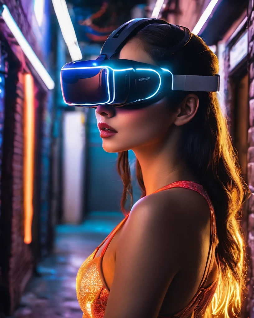 Detailed sexy hot girl wearing glowing vr glasses in a alleyway store