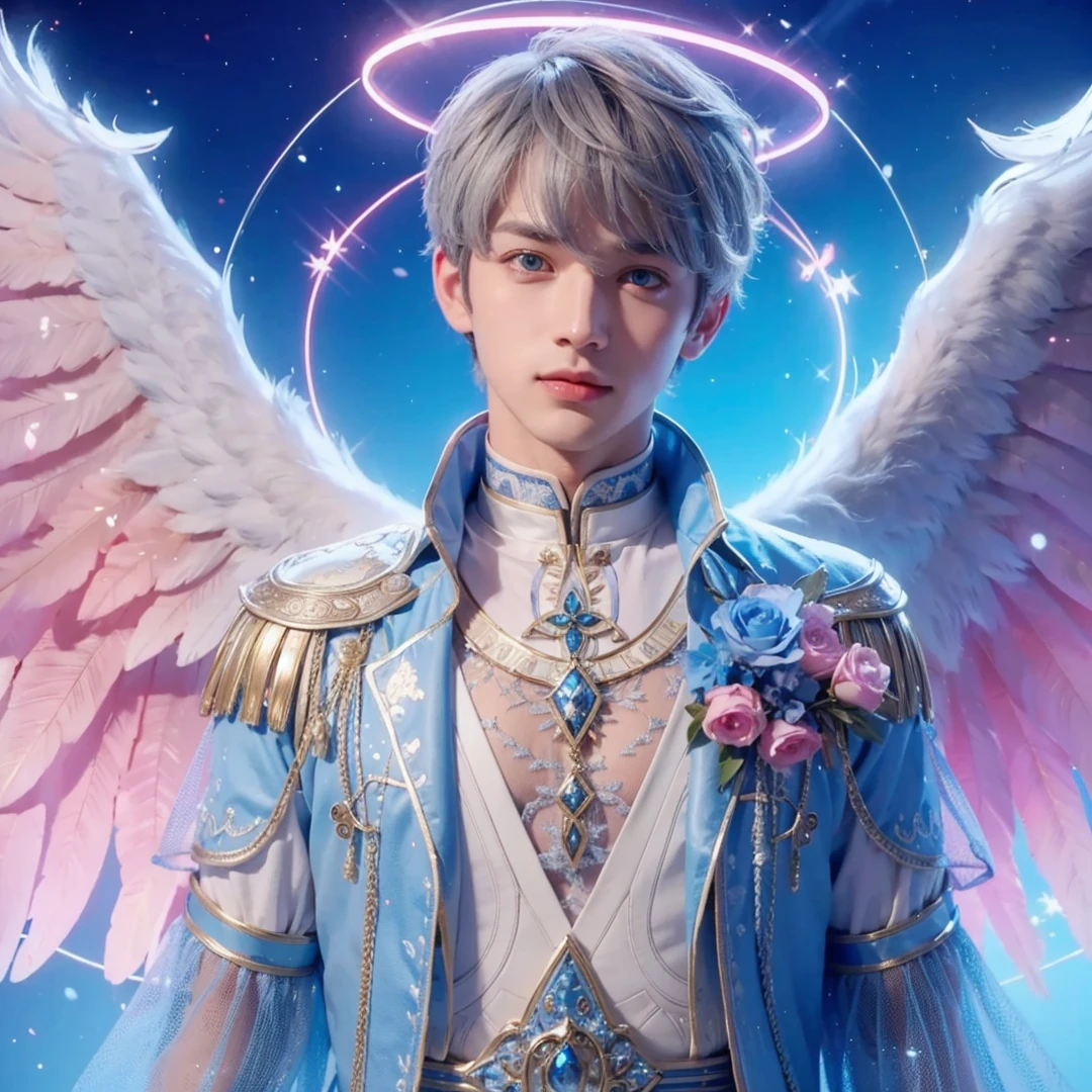Handsome boy, gray hair, blue eyes, blue and pink wings
