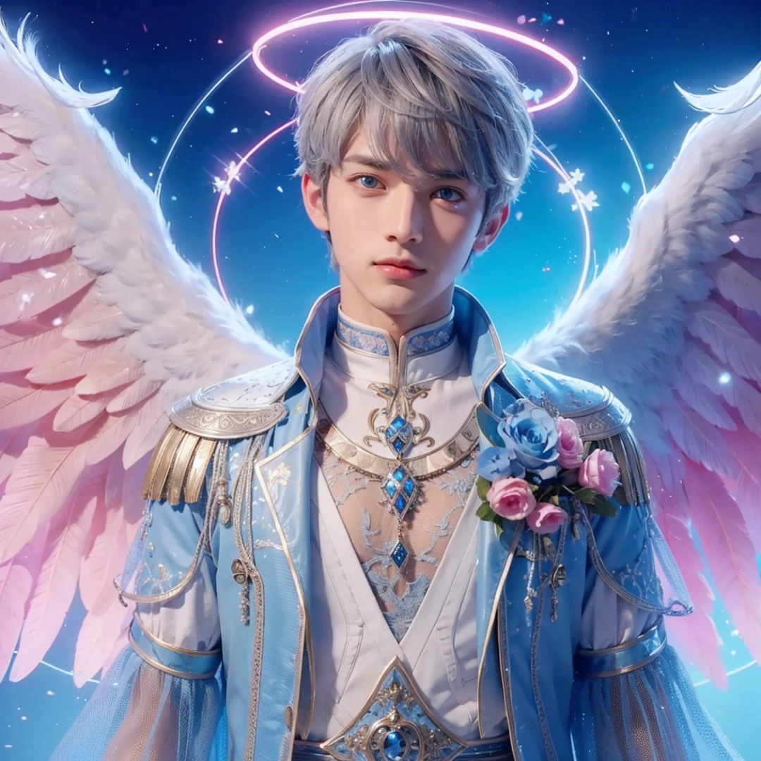 Handsome boy, gray hair, blue eyes, blue and pink wings